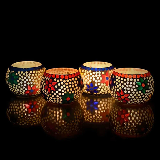 Set of 4 Handmade Mosaic Glass Tea Light Candle Holder - Decorative Votives for Home, Festive and Gift Purpose.