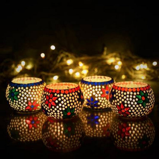 Set of 4 Handmade Mosaic Glass Tea Light Candle Holder - Decorative Votives for Home, Festive and Gift Purpose.